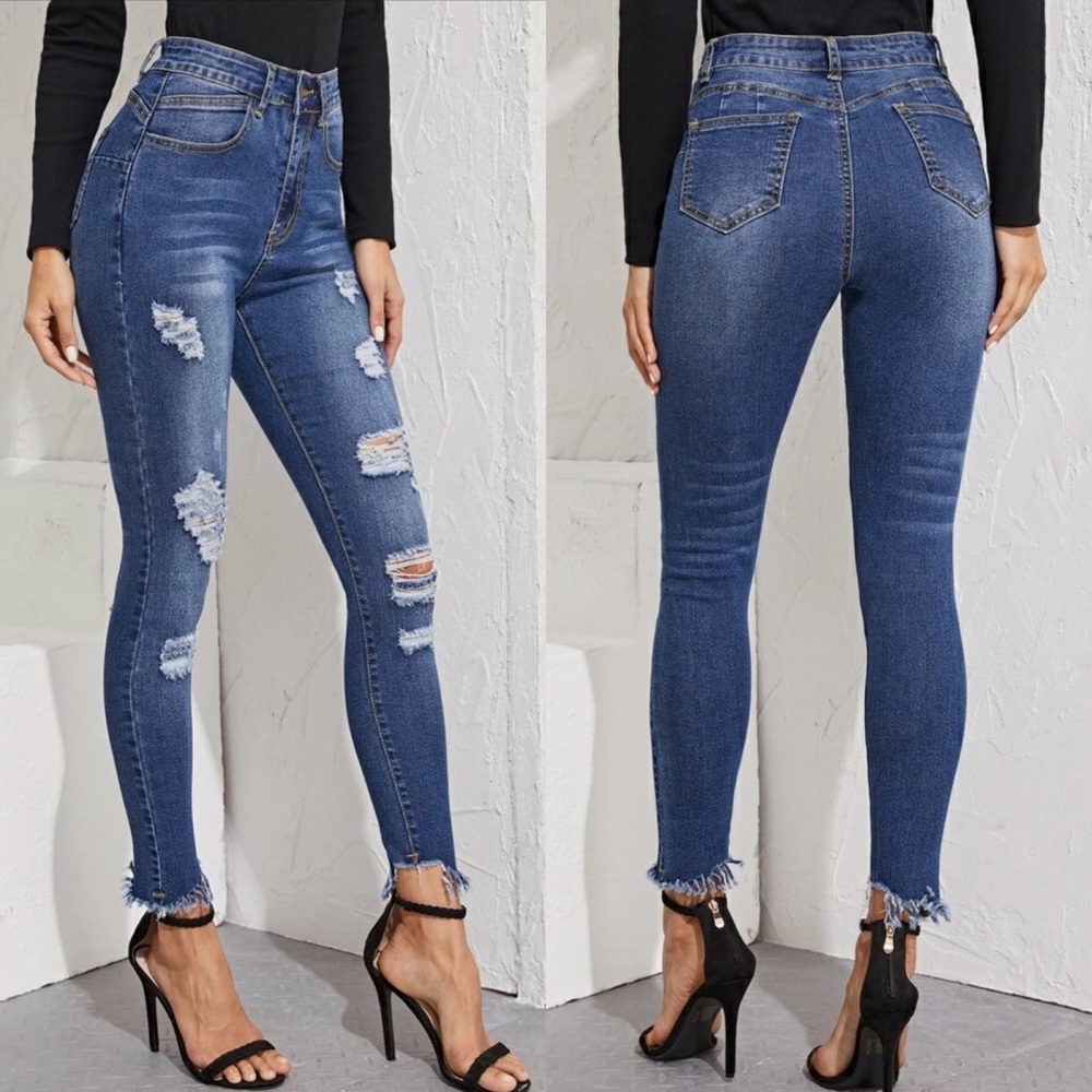 distressed ripped jeans skinny dark wash blue - Picture 1 of 2